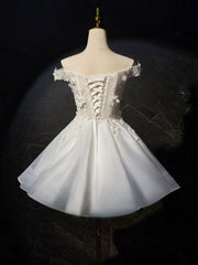 Formal Dress Classy, White Flowers Lace Short Prom Dress, Lovely A-Line Evening Party Dress