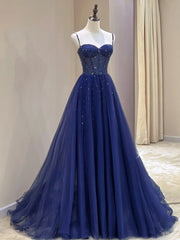 Evening Dresses Boutique, Blue Spaghetti Straps Tulle Beaded Long Formal Dress, Blue A-Line Evening Dress with Corset