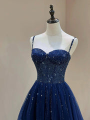 Evening Dresses Elegant, Blue Spaghetti Straps Tulle Beaded Long Formal Dress, Blue A-Line Evening Dress with Corset