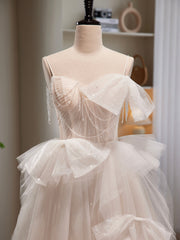 Prom Dress With Sleeves, Light Champagne Tulle Long Princesse Dress, Lovely Spaghetti Straps Evening Party Dress