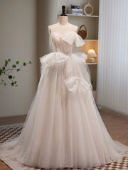 Prom Dresses With Sleeve, Light Champagne Tulle Long Princesse Dress, Lovely Spaghetti Straps Evening Party Dress
