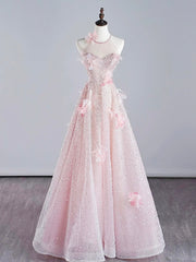 Prom Dress Store Near Me, Pink Halter Shiny Tulle Long Prom Dress, Pink Tulle Evening Dress with Flowers