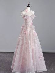Prom Dress Stores Near Me, Pink Halter Shiny Tulle Long Prom Dress, Pink Tulle Evening Dress with Flowers