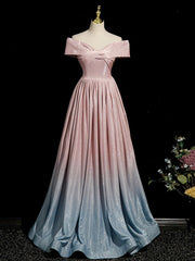 Prom Dresses Brands, Pink Gradient Shiny Floor Length Prom Dress, Off Shoulder A-Line Evening Party Dress