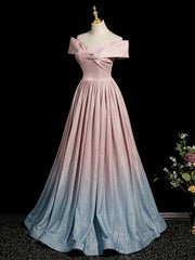 Prom Dress Brands, Pink Gradient Shiny Floor Length Prom Dress, Off Shoulder A-Line Evening Party Dress