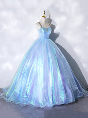Prom Dresses Silk, Beautiful  Shiny Blue Tulle Long Formal Dress, A-Line Spaghetti Strap Sweetheart Princess Dress