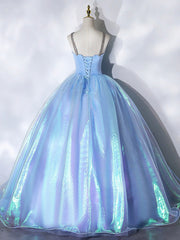 Prom Dress Pieces, Beautiful  Shiny Blue Tulle Long Formal Dress, A-Line Spaghetti Strap Sweetheart Princess Dress