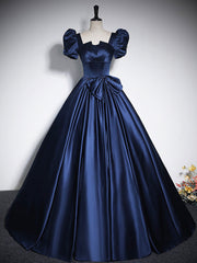 Bridesmaid Dresses Custom, Elegant Blue Satin Floor-Length Prom Dresses, Square Neckline Puffy Short Sleeve Bow Formal Dresses