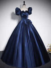 Bridesmaid Dress Affordable, Elegant Blue Satin Floor-Length Prom Dresses, Square Neckline Puffy Short Sleeve Bow Formal Dresses