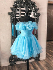 Prom Dresses Purple, Lovely Blue Strapless A-Line Short Prom Dress, Organza Pleated Ruffle Tiered  Homecoming Dress