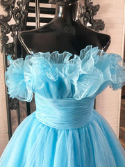 Prom Dressed Ball Gown, Lovely Blue Strapless A-Line Short Prom Dress, Organza Pleated Ruffle Tiered  Homecoming Dress