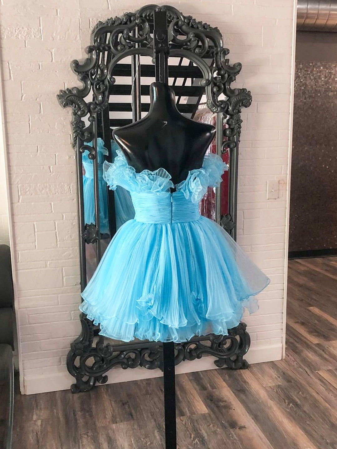 Prom Dresses Ball Gowns, Lovely Blue Strapless A-Line Short Prom Dress, Organza Pleated Ruffle Tiered  Homecoming Dress
