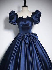 Bridesmaid Dresses Burgundy, Elegant Blue Satin Floor-Length Prom Dresses, Square Neckline Puffy Short Sleeve Bow Formal Dresses