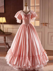 Prom Dresses Black, Pink Satin Lace Long Prom Dress, Beautiful A-Line V-Neck Evening Dress