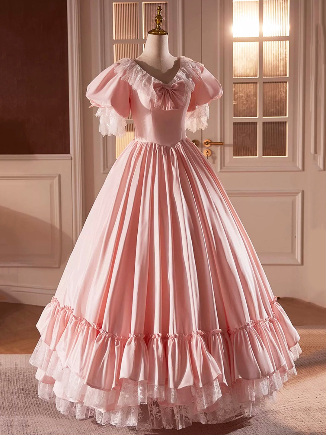 Prom Dress 2027, Pink Satin Lace Long Prom Dress, Beautiful A-Line V-Neck Evening Dress