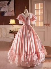Prom Dresses Dresses, Pink Satin Lace Long Prom Dress, Beautiful A-Line V-Neck Evening Dress