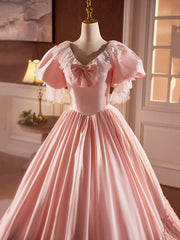 Prom Dresses Graduacion, Pink Satin Lace Long Prom Dress, Beautiful A-Line V-Neck Evening Dress