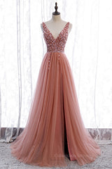 Prom Dress Beautiful, Mai Tai A-line V Neck Sleeveless Sequins Tulle Maxi Formal Dress with Slit
