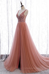 Prom Dresses Classy, Mai Tai A-line V Neck Sleeveless Sequins Tulle Maxi Formal Dress with Slit