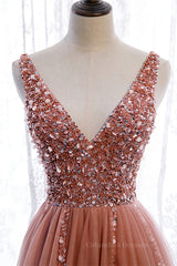 Prom Dress 2054, Mai Tai A-line V Neck Sleeveless Sequins Tulle Maxi Formal Dress with Slit