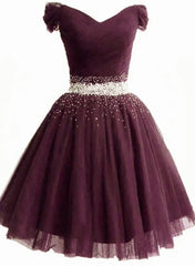 Homecoming Dress Websites, Maroon Off Shoulder Beaded Tulle Short Prom Dress Homecoming Dress, Cute Prom Dresses