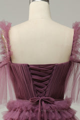 Cute Prom Dress, Mauve Off-the-Shoulder Lace-Up Tulle Multi-Layers Long Prom Dress