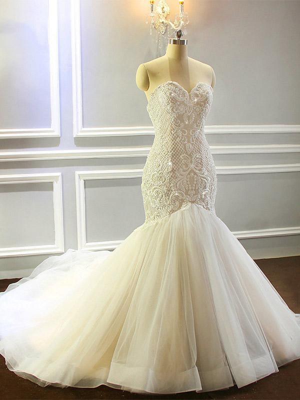 Wedding Dresses For Sale, Mermaid Appliques Sweetheart Wedding Dresses Sleeveless Tulle Pleated Bridal Gowns