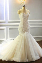 Wedding Dresses Long Sleeves, Mermaid Appliques Sweetheart Wedding Dresses Sleeveless Tulle Pleated Bridal Gowns