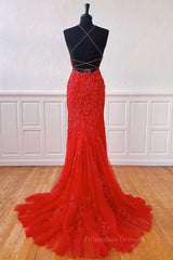 Bridesmaid Dress Websites, Mermaid Backless Red Lace Long Prom Dresses, Mermaid Red Formal Dresses, Red Lace Evening Dresses