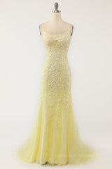 Prom Dress Unique, Mermaid Backless Yellow Lace Long Prom Dresses, Mermaid Yellow Formal Dresses, Yellow Lace Evening Dresses