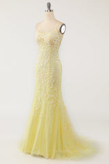 Prom Dresses Unique, Mermaid Backless Yellow Lace Long Prom Dresses, Mermaid Yellow Formal Dresses, Yellow Lace Evening Dresses