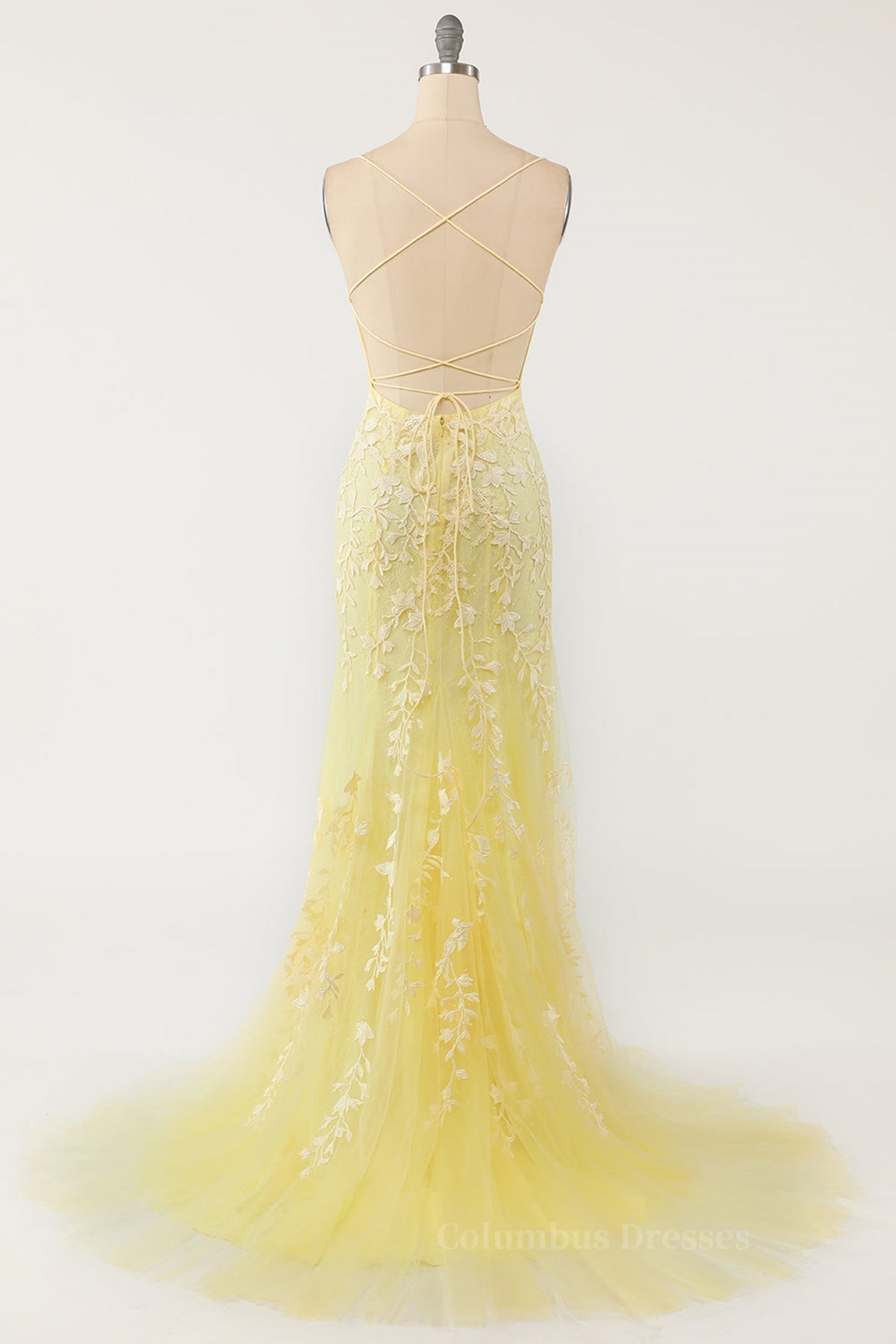 Prom Dress Cheap, Mermaid Backless Yellow Lace Long Prom Dresses, Mermaid Yellow Formal Dresses, Yellow Lace Evening Dresses
