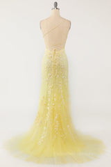 Prom Dress Cheap, Mermaid Backless Yellow Lace Long Prom Dresses, Mermaid Yellow Formal Dresses, Yellow Lace Evening Dresses