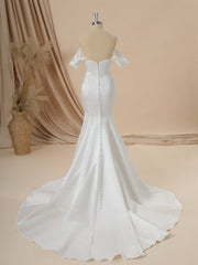 Wedding Dresses Silk, Mermaid Charmeuse Off-the-Shoulder Pleated Chapel Train Convertible Wedding Dress