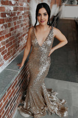 Mermaid Deep V Neck Champagne Sequins Long Prom Dress with Sweep Train