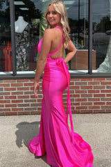 Mermaid Deep V Neck Hot Pink  Long Prom Dress with Backless