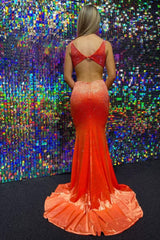 Mermaid Deep V Neck Orange Long Prom Dress with Beading
