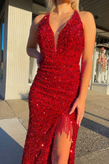 Mermaid Deep V Neck Red Sequins Long Prom Dress with Open Back