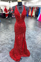 Mermaid Deep V Neck Red Sequins Long Prom Dress with Open Back