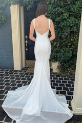 Mermaid Deep V Neck White Long Prom Dress with Beading