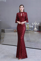 Bridesmaid Dress With Lace, Mermaid Designed Neckline Sequined Floor Length Sequins Prom Dresses