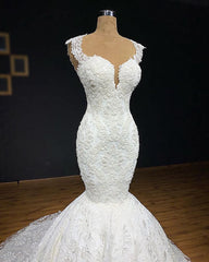 Evening Dress Mermaid, Mermaid Glamorous Straps Appliques Backless Sleeveless Bridal Gown