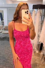 Mermaid Glitter Sequins Sexy Hot Pink Backless Long Prom Dress