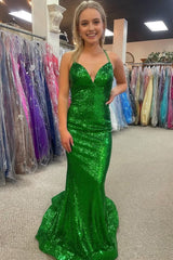 Mermaid Halter Green Sequins Long Prom Dress with Backless