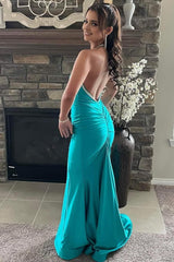 Mermaid Halter Neck Peacock Green Long Prom Dress with Backless