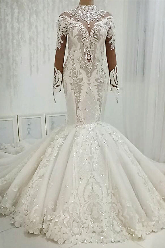 Wedding Dresses Lace A Line, Mermaid High Collar Floor Length Tulle Applique Paillette Wedding Dress