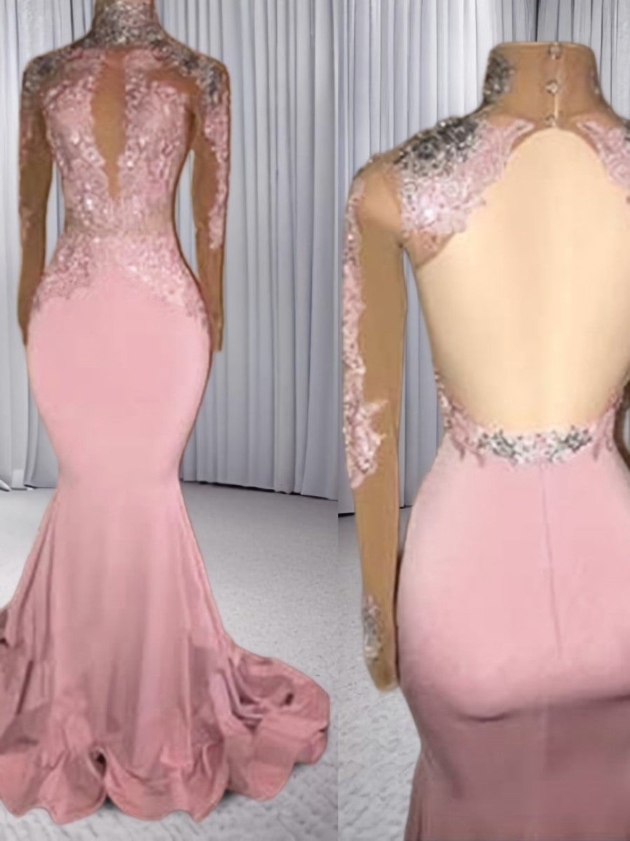 Prom Dresses Yellow, Mermaid High Neck Long Sleeves Appliques Lace Sweep Train Jersey Dress