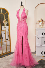 Evening Dress Gown, Mermaid Hot Pink Halter Appliques Long Prom Dress with Slit