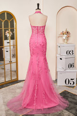 Evening Dress Gowns, Mermaid Hot Pink Halter Appliques Long Prom Dress with Slit