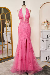 Evening Dress Wholesale, Mermaid Hot Pink Halter Appliques Long Prom Dress with Slit